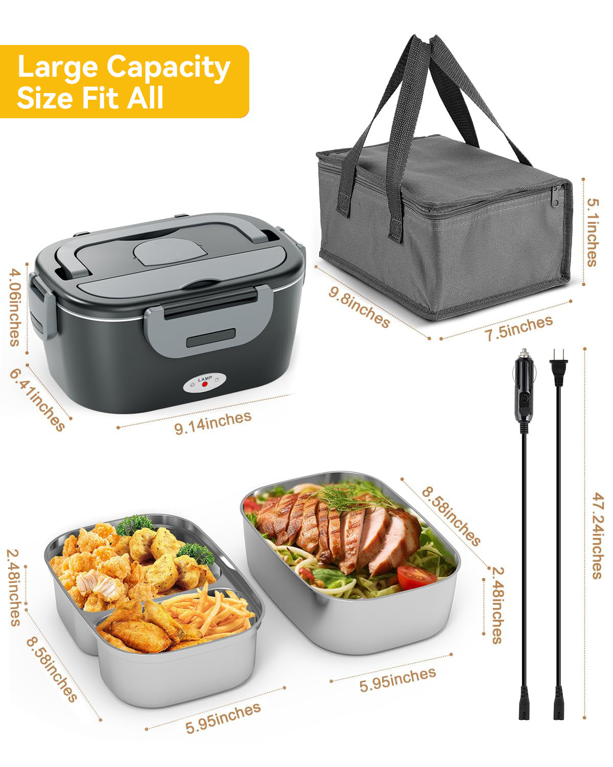 Portable Electric Lunch Box with Dual Stainless Steel Containers