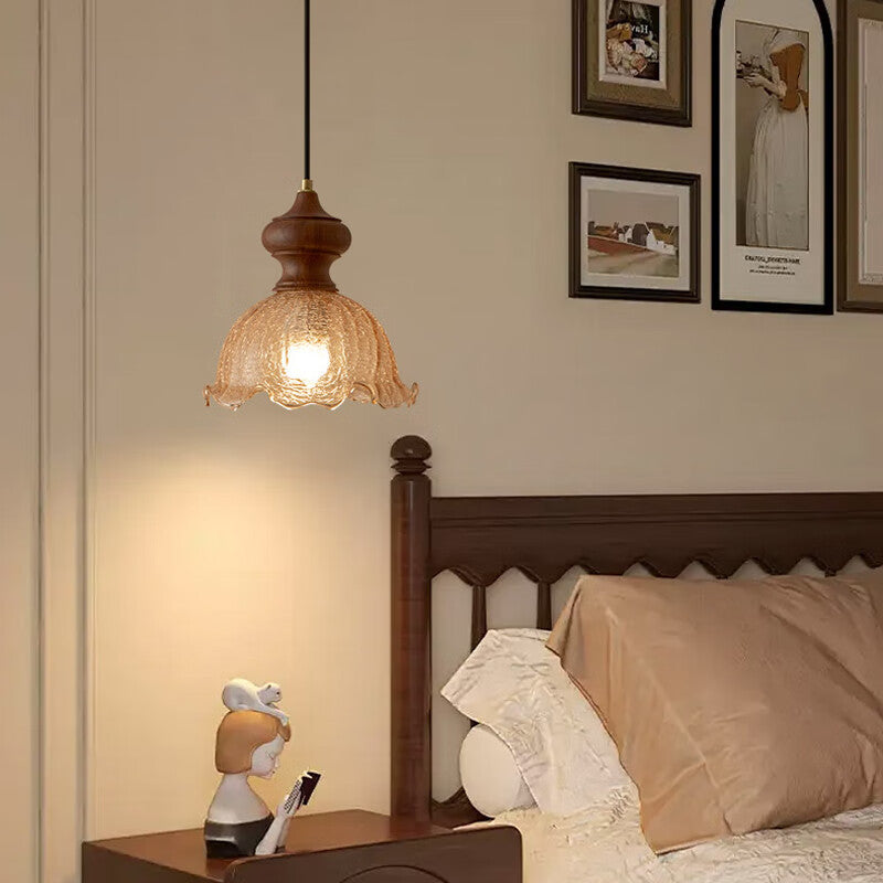 Willbuyshop Vintage Chinese Pendant Light - Cracked Glass & Walnut Wood