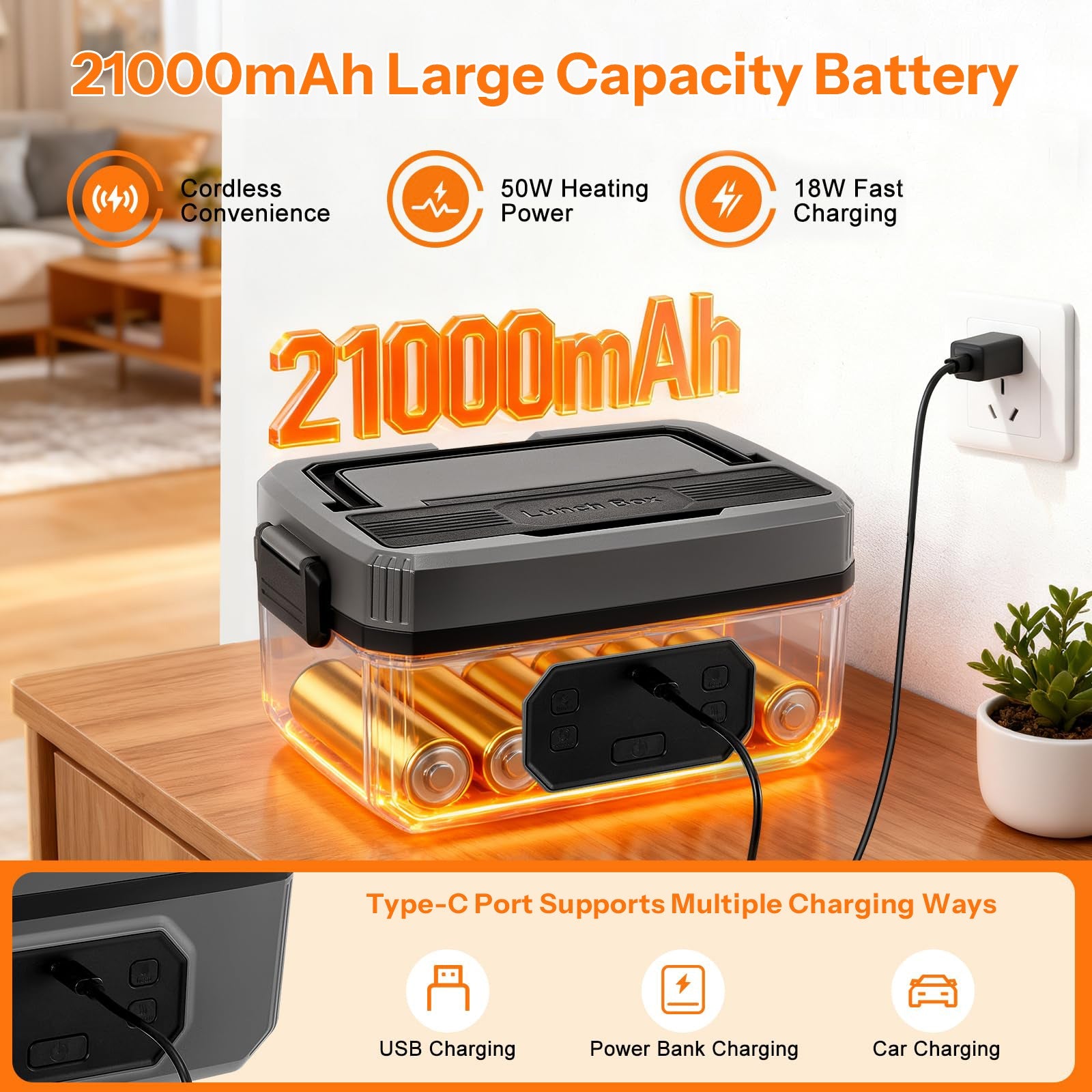 Rechargeable Self-Heating Lunch Box for Office and Travel