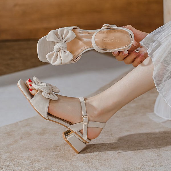 Women's Bow Shoes Square Toe Middle Heel Soft Bottom Sandals