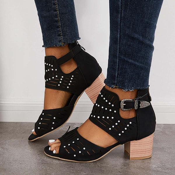 Low Chunky Block Stack Heels Ankle Strap Sandals