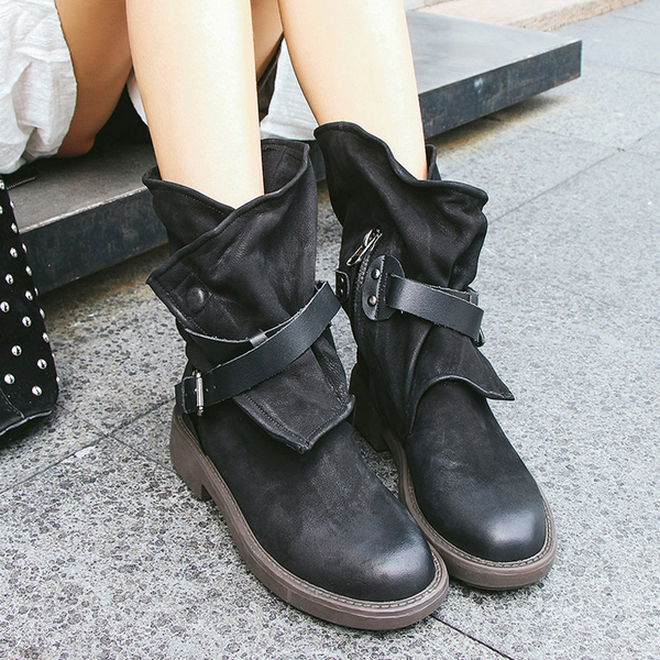 Women’s Mid-Calf Boots Slouchy Fit Buckle Straps Lug Sole Low Block Heel