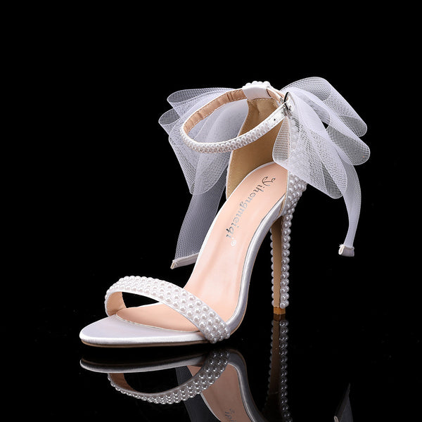 Women's Shoes Belt Fish-toe High Heels Thick Heel Rhinestone Pearl
