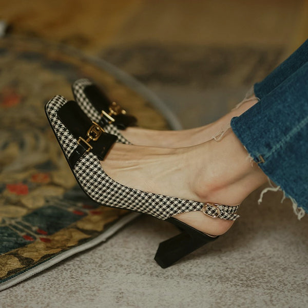 Ladies Retro Square Head Houndstooth Fringed High Heels