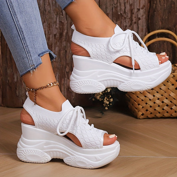 Women's Platform Wedge Sandals - Lace-Up Knit Design - Open Toe Breathable Comfort
