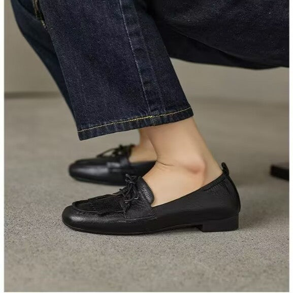 Soft Sheepskin Loafers Women's Flat Tassel Pea Shoes