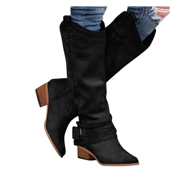 Women's knee high cowboy boots pointed toe square heel boots