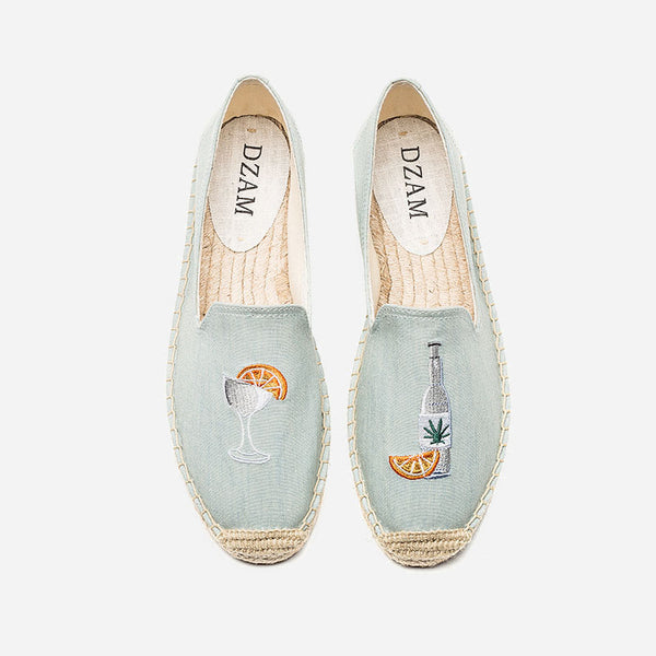 Casual Canvas Slip-on Loafers Straw Embroidered Shoes