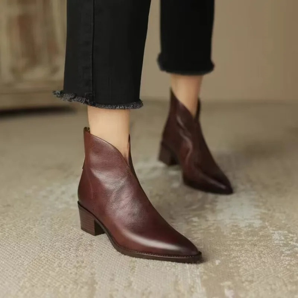 Women’s Ankle Boots Leather Pointed Toe Side Zip Block Heel Elegant Fit