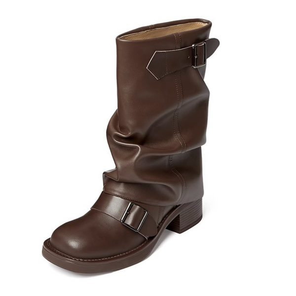 Women Mid Calf Boot Leather Pleated Knight Slip on Thick Heel Boots