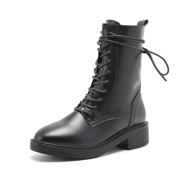 Women's Low Heels Mid Calf Combat Boots Lace-up Biker Boots England Style