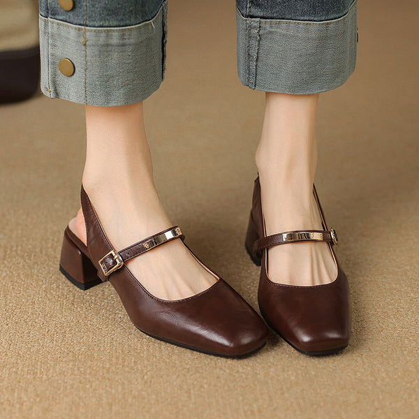 Women’s Slingback Heels – Block Heel – Square Toe – Studded Strap – Faux Leather