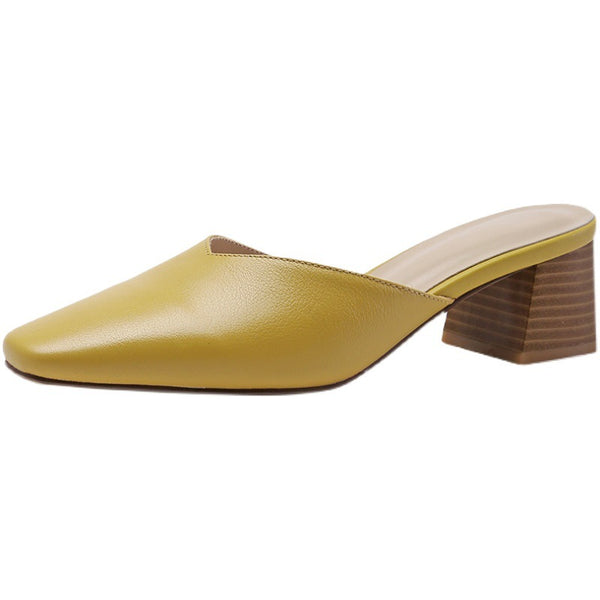 Women's Pointed Toe Chunky Stacked Heel Mules Slip on Backless Shoes