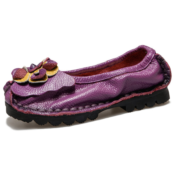 Womens Genuine Leather Flowers Flat Loafers