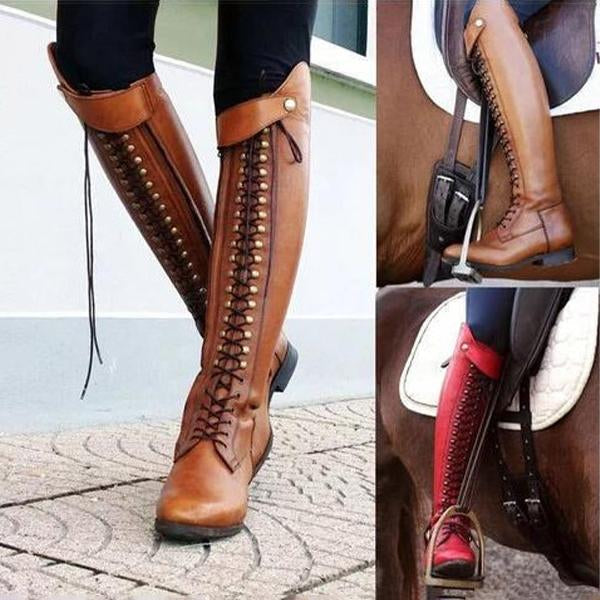 Women's Vintage Stud Lace-Up Over-the-Knee Boots