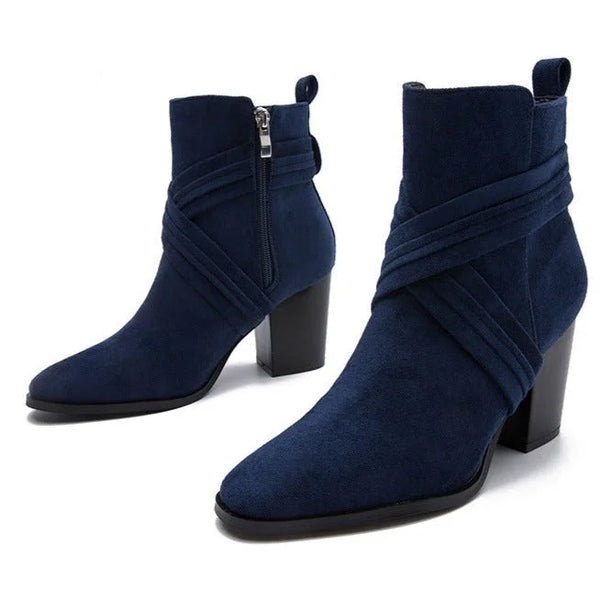 Faux Suede Criss-Cross Strap Ankle Booties for Women, Block Heel Side Zipper Boots