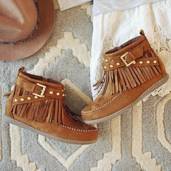 Flat Fringed Ankle Boots Suede Retro Boho Boots Buckle Strap Short Boots