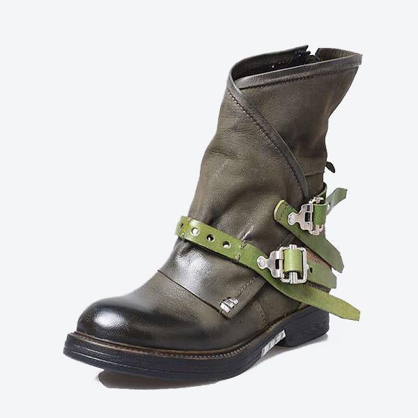Women's Retro Mid-Calf Boots with Belt Buckle – Vintage Leather Martin Boots