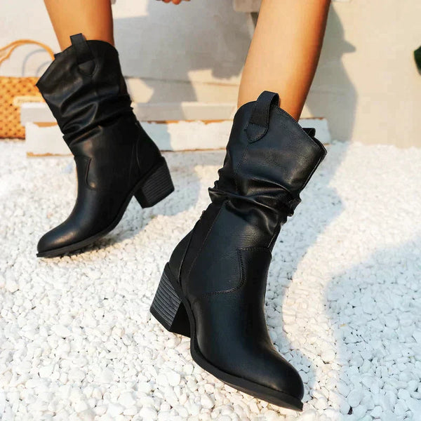 Women’s Mid Calf Boots Slip On Block Heel Round Toe Leather-Look Ruched Style
