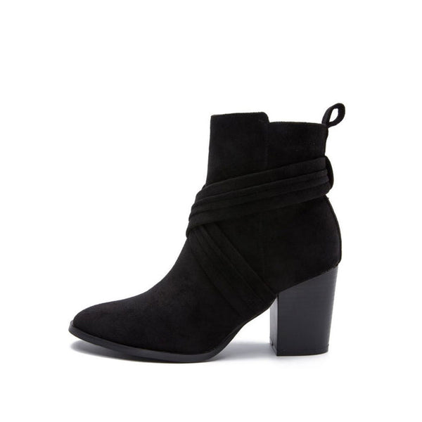 Chic Crisscross Strap Pointed Toe Block Heel Suede Ankle Boots