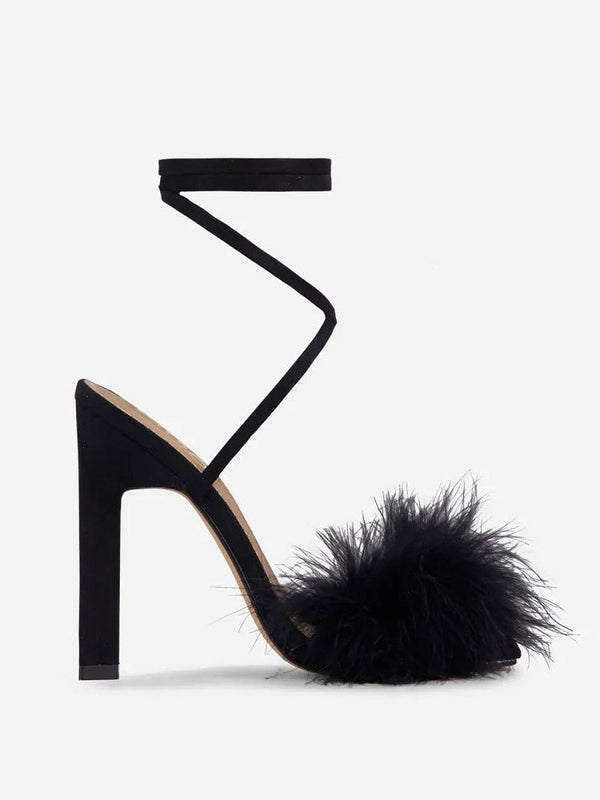 Lace-Up Fluffy Heel Sandals