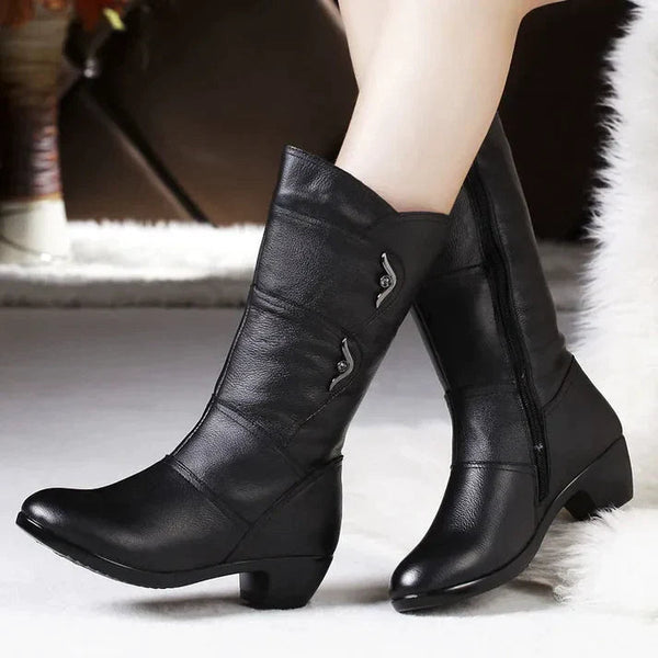 Women’s Mid Calf Boots  Fitted Silhouette Leather Like Texture Side Zip Low Heel