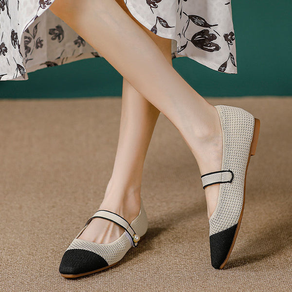 Women's Pointed Toe Knit Mary Jane Ballet Flat, Classic Walking Shoes, With Arch Support, Wider Toe Room, Soft