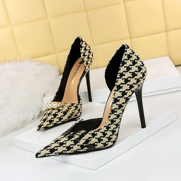 High Heels Plaid Pattern  Hollow Out Grid Pearl Metal Chain