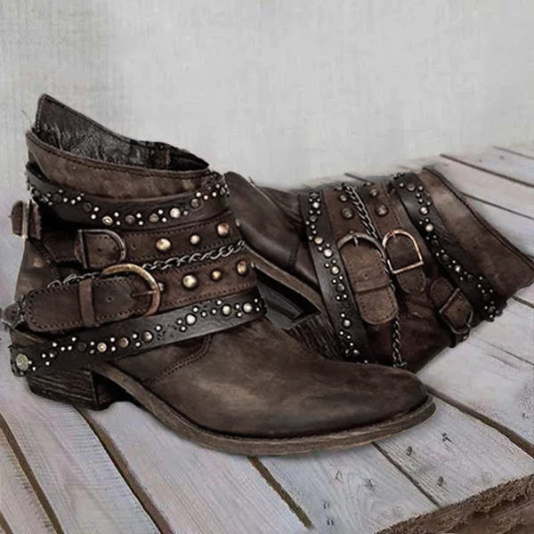 Women's Retro Belt Chain Decorated Chunky Heel Ankle Boots