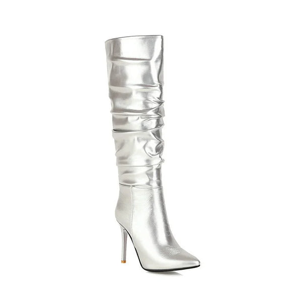 Sexy Metallic Slouch Knee High Boots Pointed Toe Stiletto Heels Boots For Winter Party