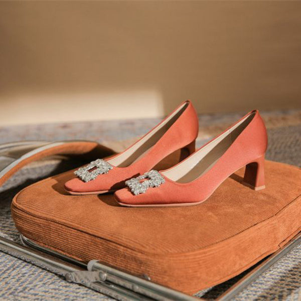 Satin Rhinestone Square Toe Thick Heel High Heel Shoes Women's High Sense
