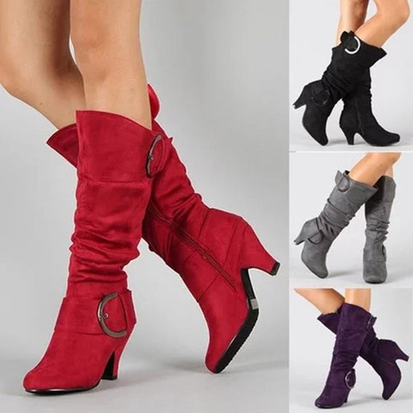 Chunky heel slouch boots knee-high chunky boots with buckles fashion boots for women