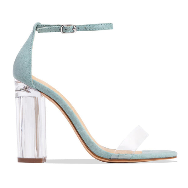 Solid Pointed Toe Ankle Strap Clear Chunky Heeled Sandals