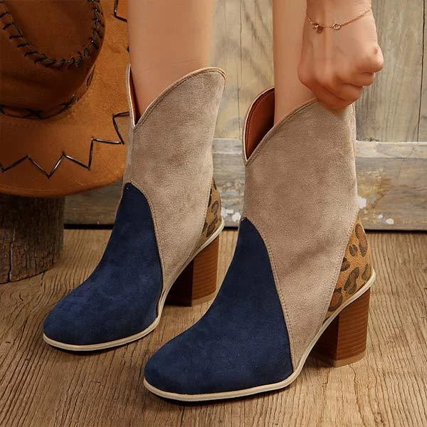 Women’s Fashion Pull-On Color-Block Chunky Heel Ankle Boots